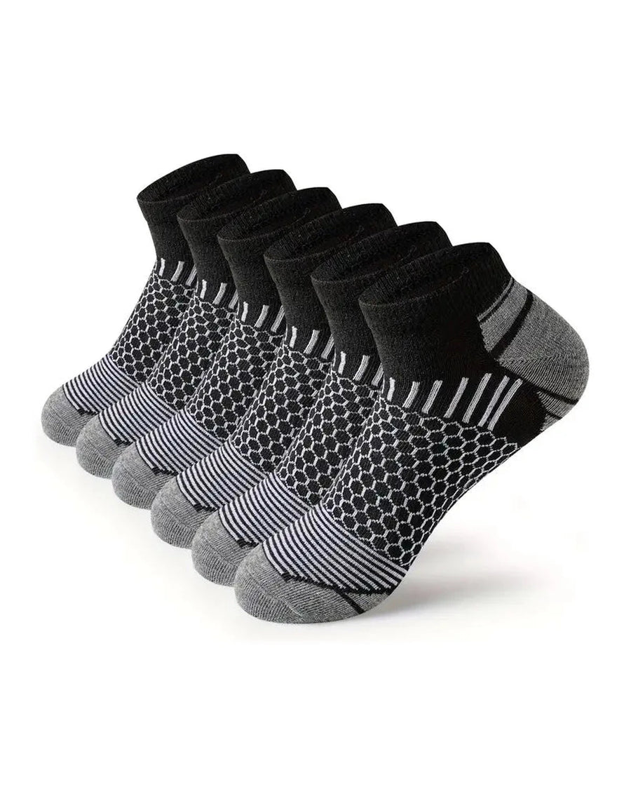 Men's Short Sports Socks with Honeycomb Knit – 6 black short socks with grey toe