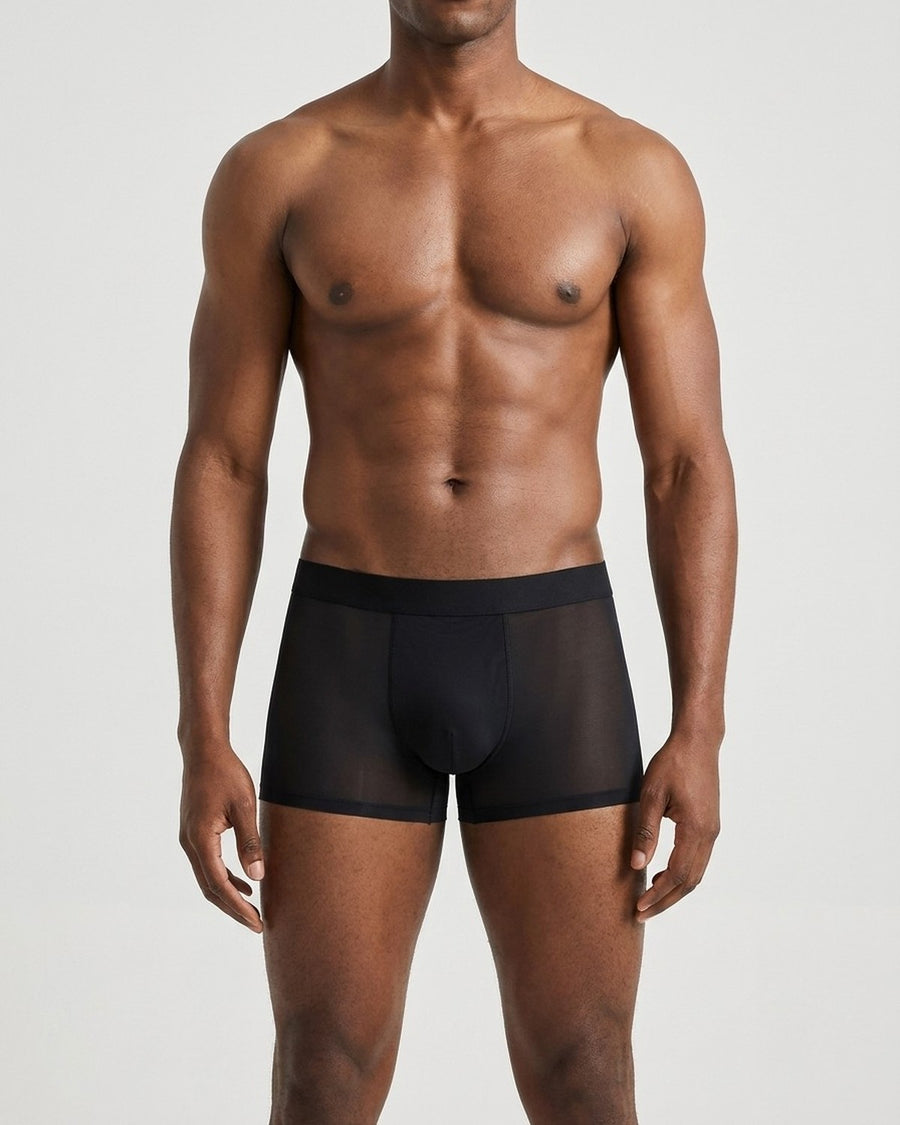 Men's Seamless Thin Silky Microfibre Boxer Briefs – worn, front view