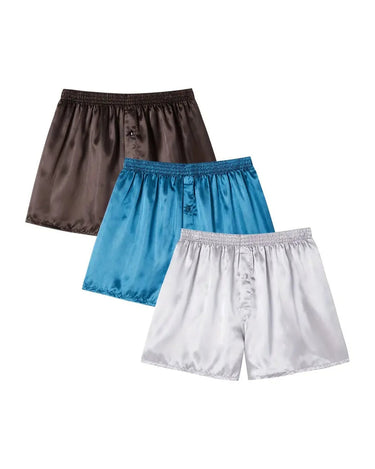 Satijnen wijde boxershorts heren met knoopsluiting – 3 satijnen boxers: bruin, turquoise, zilvergrijs