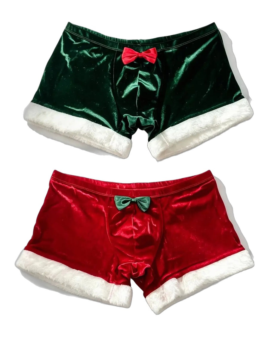 Men's Christmas Velvet Boxer Briefs with Bow – red and green