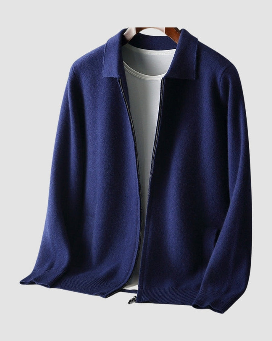 Dark blue zip cardigan with collar, open, front view