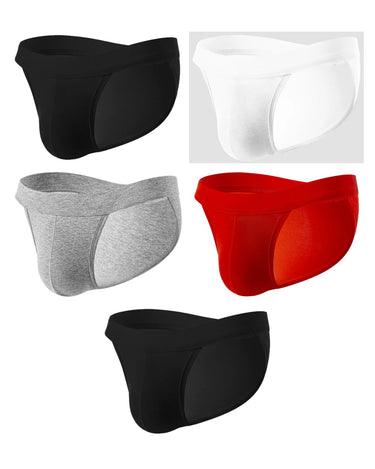 Men's Low-Rise Cotton Briefs – pack of 5 pieces, 2x black + 1x white + 1x grey melange + 1x red