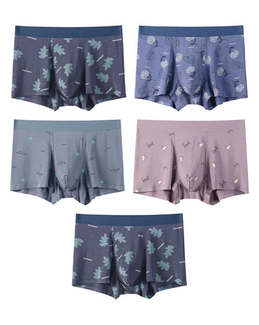 Mønstrede boxershorts for menn i modal – pakke med 5 stk., 2x marineblå med blader + 1x blå med roser + 1x grå + 1x syrin