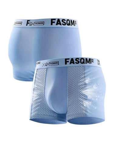 Pánské boxerky nadměrných velikostí se síťovanými vsadkami – světle modré boxerky, zepředu a zezadu