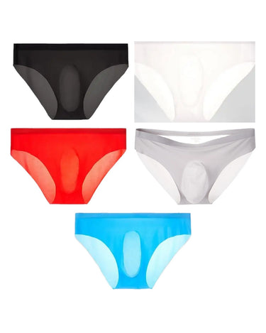 Men's Seamless Mid-Rise Silky Microfibre Briefs – pack of 5 pieces, 1x black + 1x white + 1x coral + 1x light grey + 1x light blue