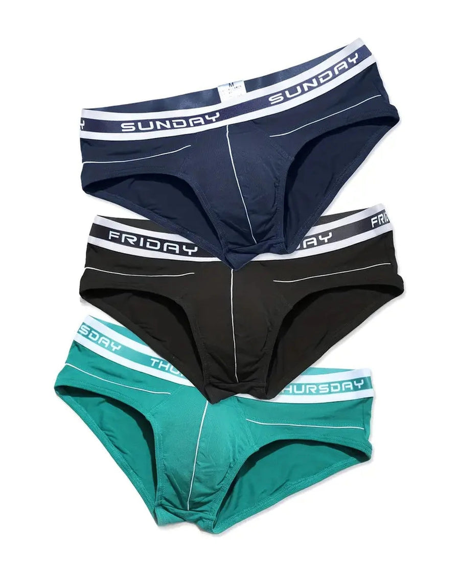 Men's Bamboo Fibre Briefs with Days of the Week – midnight blue, black and green briefs stacked