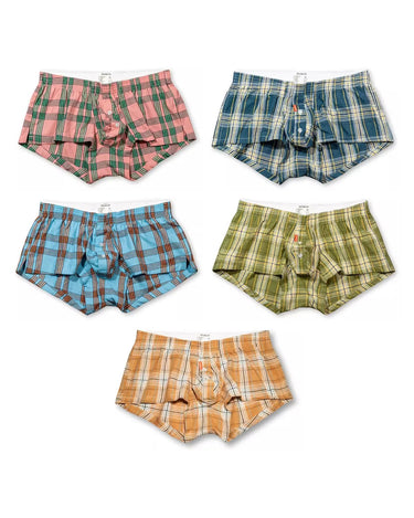 Men's Low-Rise Check Cotton Boxer Shorts – pack of 5 pieces, 1x pink + 1x petrol + 1x light blue + 1x olive + 1x orange