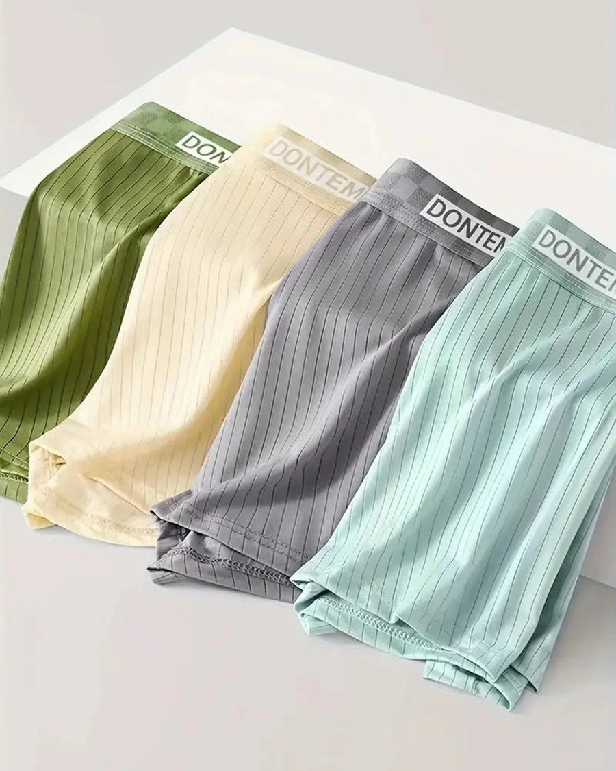 Men's Silk-Feel Pinstripe Boxer Briefs – the 4 boxers laid one on top of the other