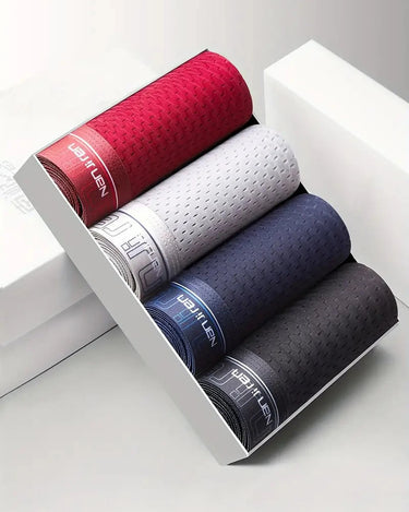 Herren Boxershorts perforiert in Seiden-Optik – 4er-Pack: Rot, Hellgrau, Marineblau und Schwarz