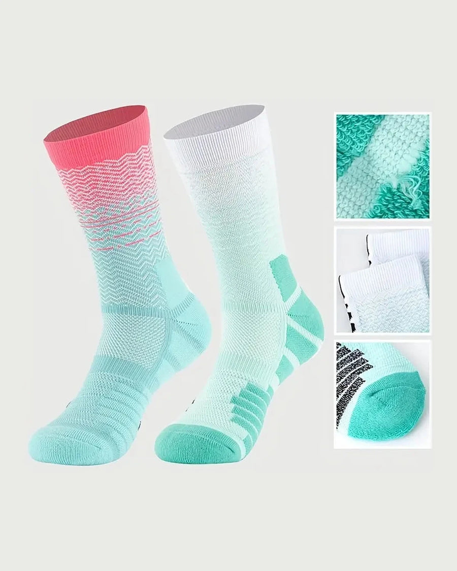 Men's Padded Crew Sports Socks with Colour Fade – two pink and turquoise faded socks, with fabric details