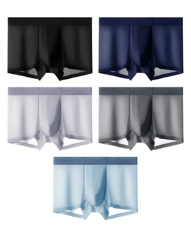 Men's Seamless Thin Silky Microfibre Boxer Briefs – pack of 5 pieces, 1x black + 1x navy blue + 1x light grey + 1x charcoal + 1x light blue
