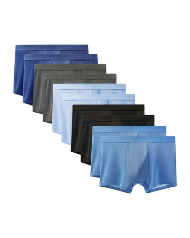 Pánské boxerky s hedvábným omakem v modrých a šedých odstínech – 10 boxerek v řadě: námořnicky modré, šedé, bledě modré, černé a světle modré