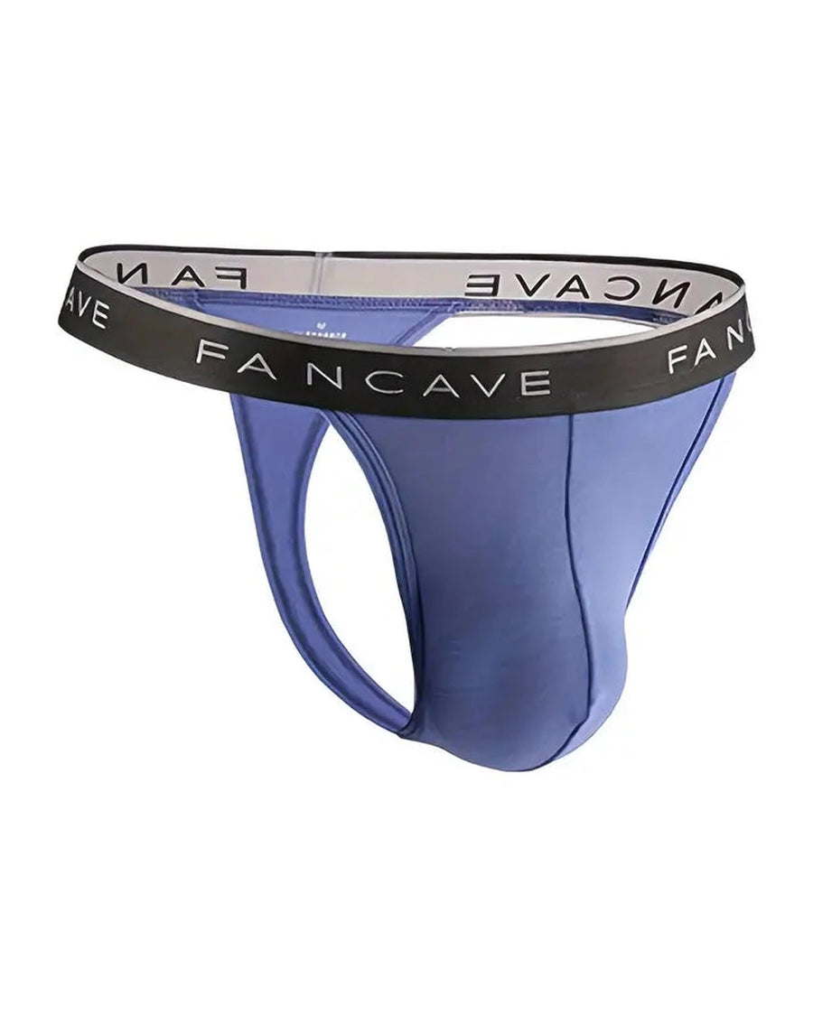 Men's Stretch Thongs with Black Waistband – dusty blue thong, side view