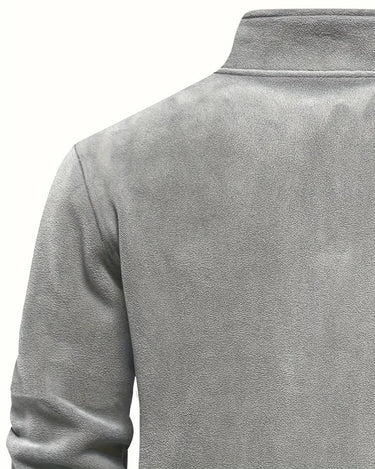Grey fleece pullover, shoulder and stand collar from the back