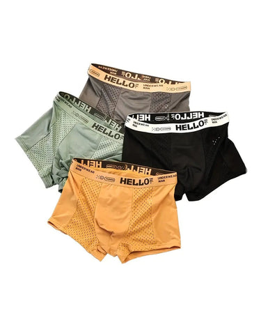 Herren Sport-Boxershorts mit Mesh-Einsätzen – 4 Sport-Boxershorts: Dunkelgrau, Salbeigrün, Schwarz und Senfgelb
