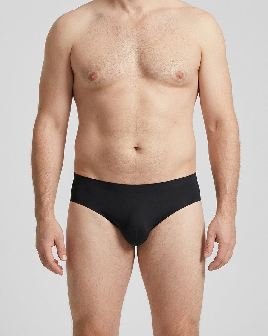 Men's Seamless Sheer Silky Microfibre Briefs – worn, front view