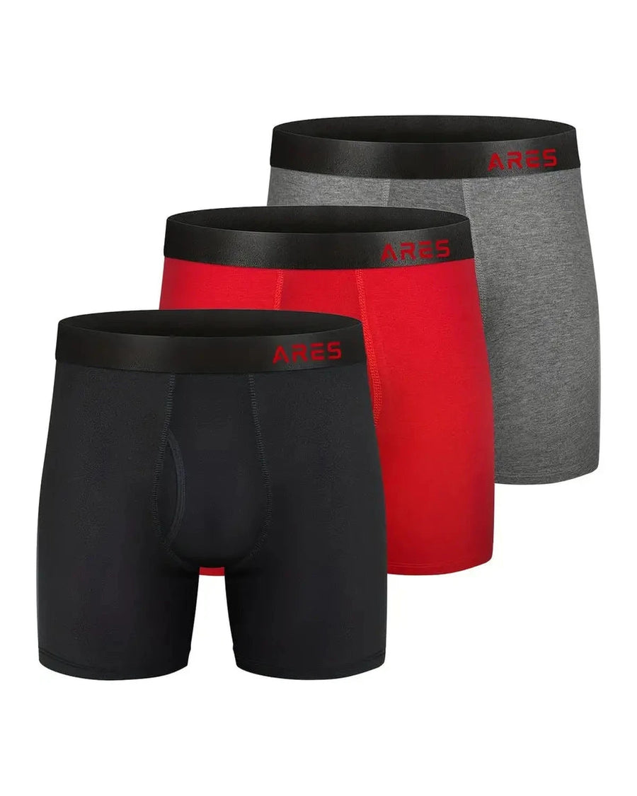 Men's Long-Leg Bamboo Fibre Boxer Briefs – 3 long-leg boxers: black, red and grey