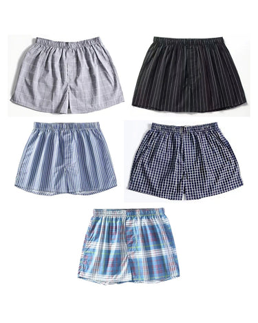 Løse herreboxershorts i bomuld med tern og print – pakke med 5 stk., 1x grå + 1x marineblå + 1x lyseblå + 1x sort + 1x blå