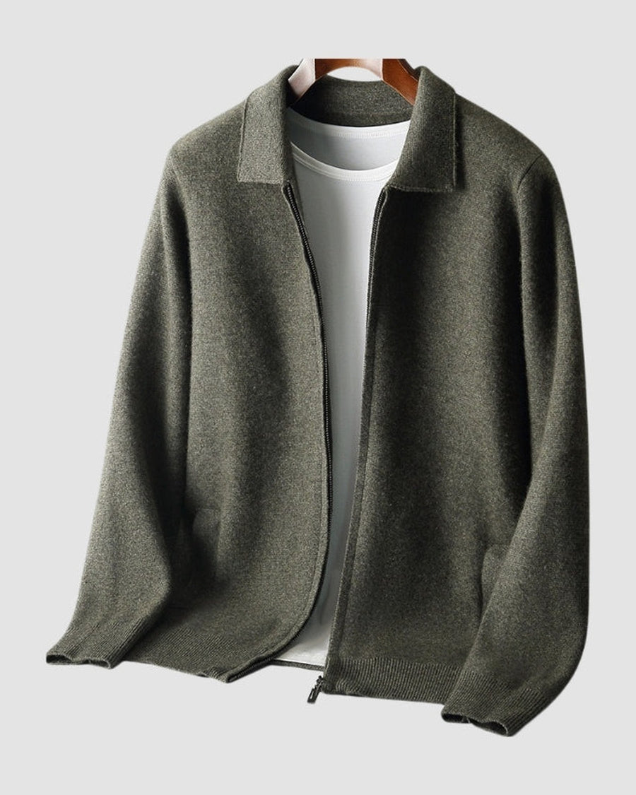 Green marl zip cardigan with collar, open, front view