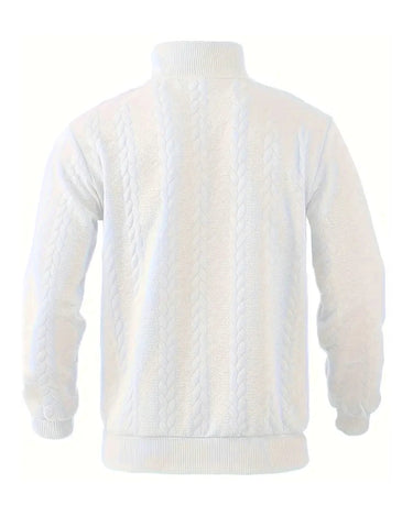 Hvid kabelstrikket sweater med halv lynlås, set bagfra