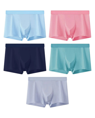 Men's Seamless Solid Colour Silky Microfibre Boxer Briefs – pack of 5 pieces, 1x light blue + 1x pink + 1x navy blue + 1x aqua green + 1x lilac