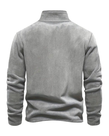 Grey half-zip fleece pullover, back view