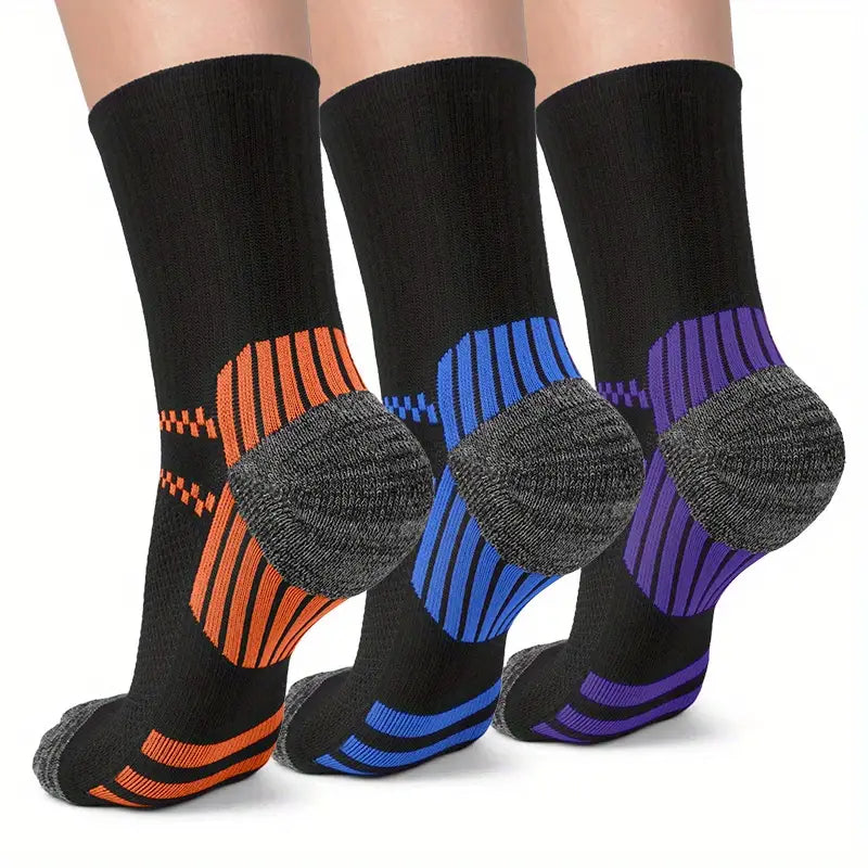 Men's Black Sports Compression Socks – 3 black socks with orange, blue and purple details