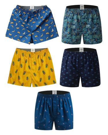 Men's Printed Cotton Boxer Shorts – pack of 5 pieces, 1x bananas + 1x palm trees + 1x pineapples + 1x birds + 1x flamingos