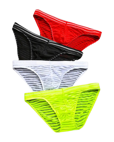 Slip uomo in rete a righe semitrasparenti – 4 slip in rete a righe: rosso, nero, bianco e verde fluo