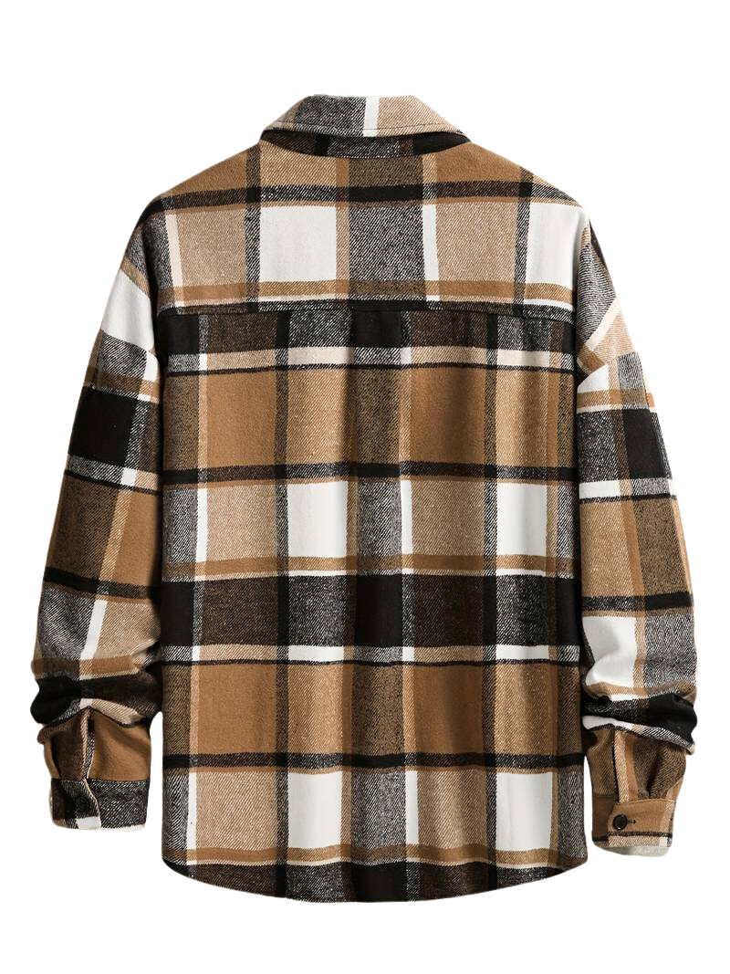 Camicia a quadri marrone, nera e bianca, vista posteriore