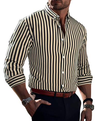 Black and beige striped shirt worn with black trousers and brown belt