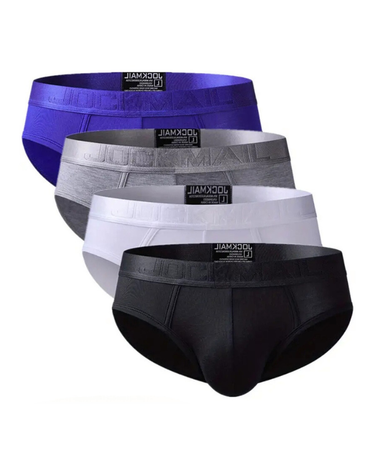 Men's Low-Rise Briefs with Satin-Sheen Waistband – 4 low-rise briefs: blue, grey, white and black