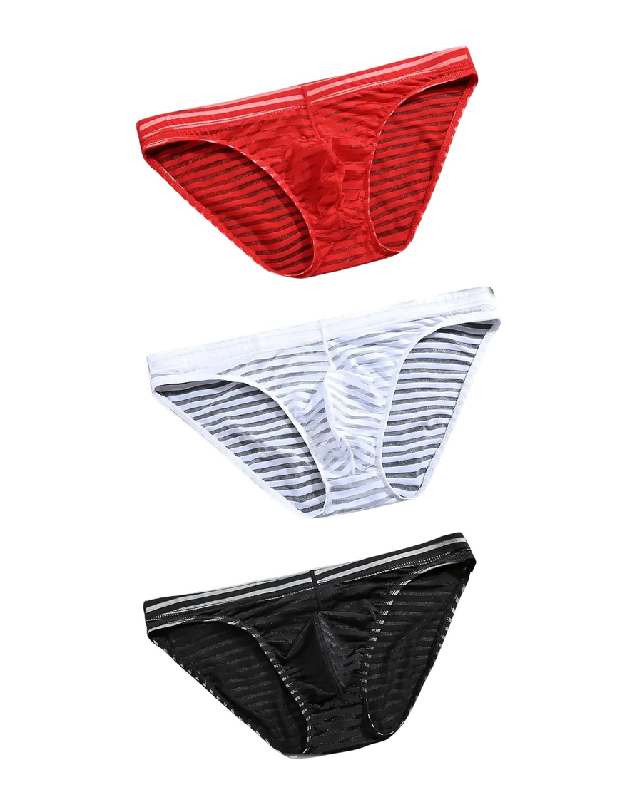 Slip uomo in rete a righe semitrasparenti – 3 slip in rete: rosso, bianco e nero
