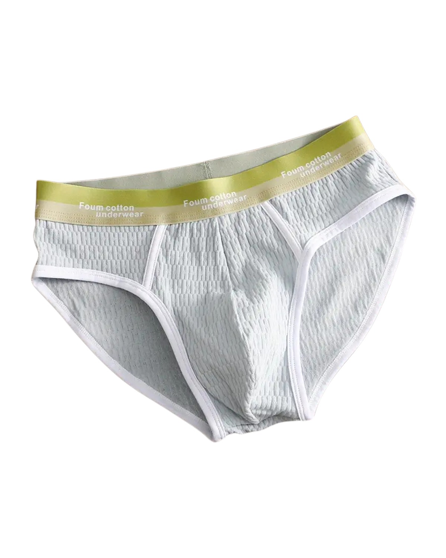 Strukturierte Herren Slips aus Baumwolle mit farbigem Bund – hellblauer Slip mit limettengrünem Bund, Vorderansicht