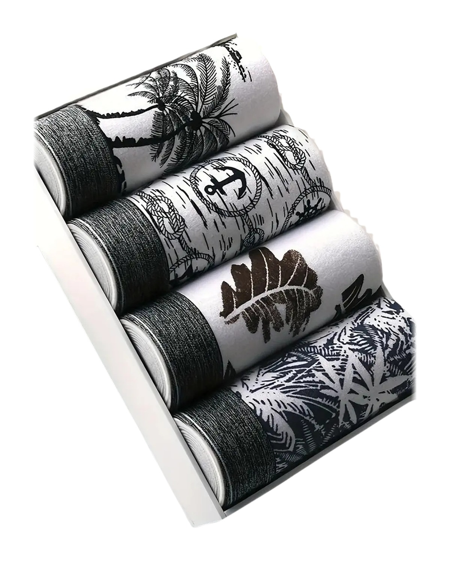 Boxer uomo in cotone con stampe tropicali – 4 boxer arrotolati nella scatola, da vicino