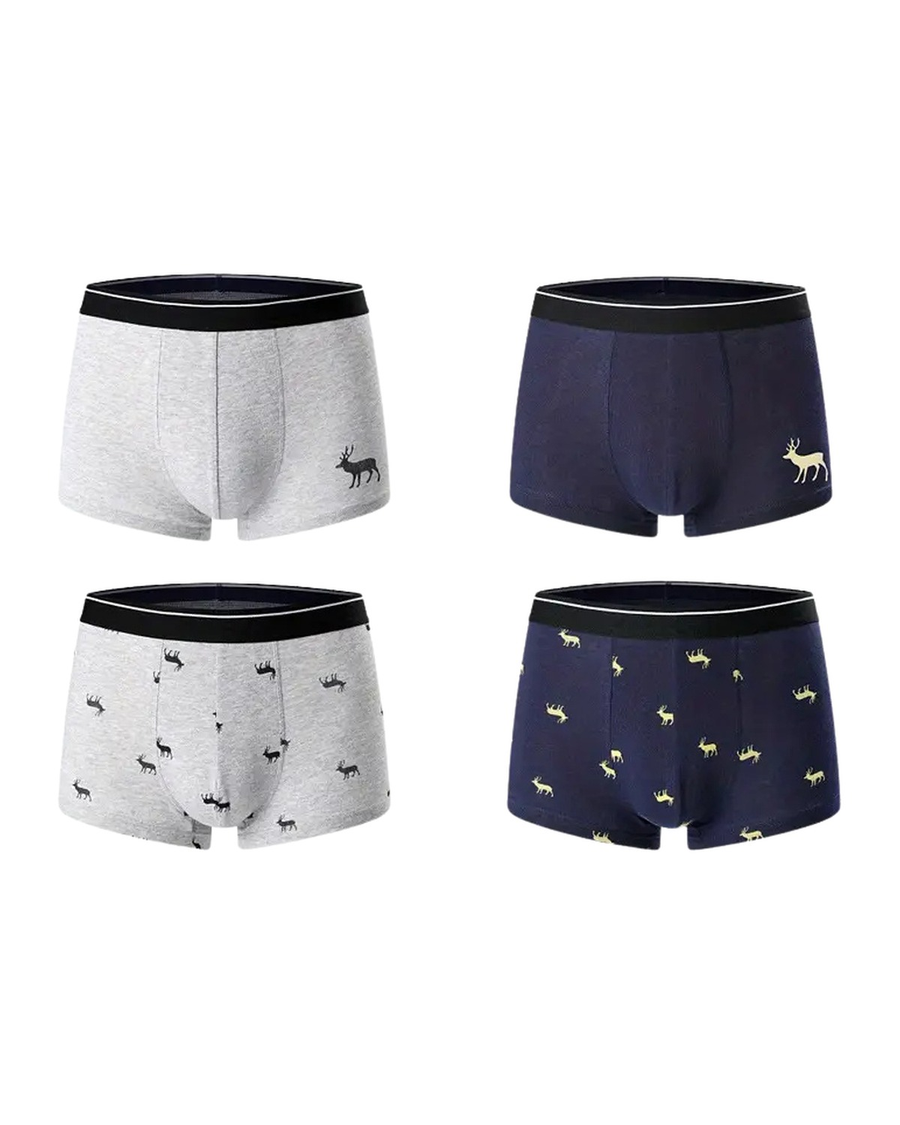 Pánské bavlněné boxerky s potiskem jelenů – 4 boxerky: 2 námořnicky modré a 2 světle šedé