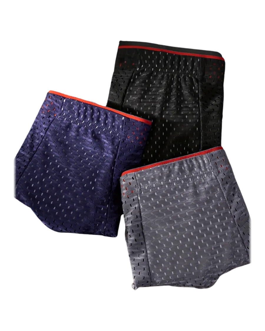 Bóxers deportivos de malla perforada para hombre – los 3 bóxers doblados, tejido de rejilla con ribete rojo