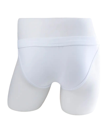 Pánské tanga slipy s nízkým pasem – bílá tanga na figuríně, zezadu