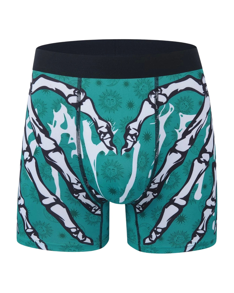 Men's Skeleton Hand Print Boxer Briefs – aqua green boxer, front
