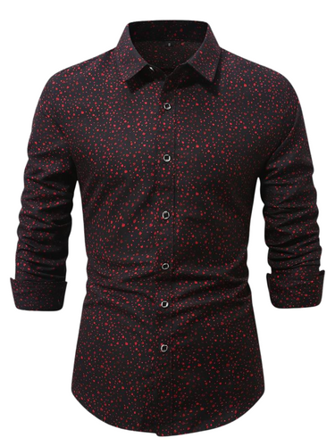 Mørk bordeaux skjorte med rødt prikket print, set forfra