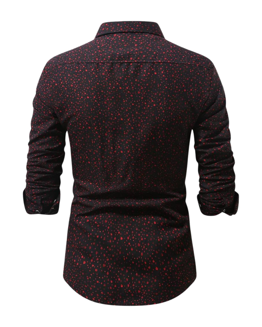 Dark burgundy printed shirt, back view