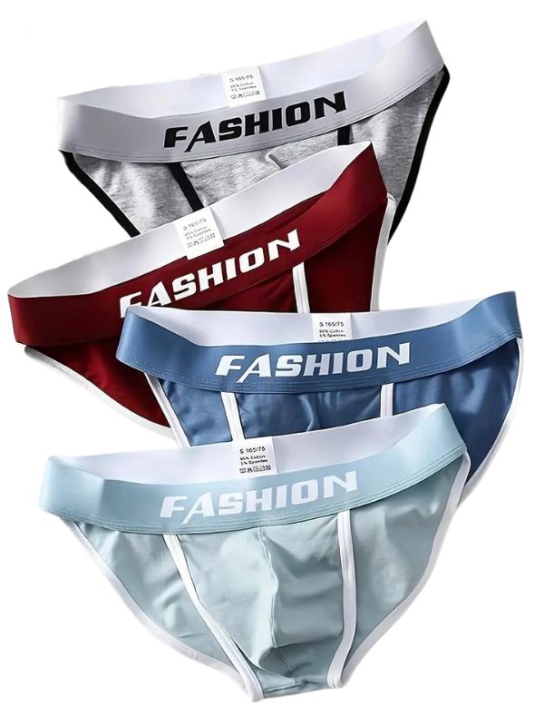 Men's High-Cut Cotton Briefs with Contrast Trim – 4 briefs: grey, burgundy, blue, aqua