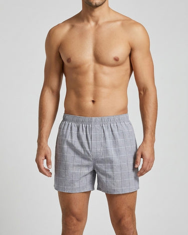 Men's Check Printed Cotton Boxer Shorts – worn, front view