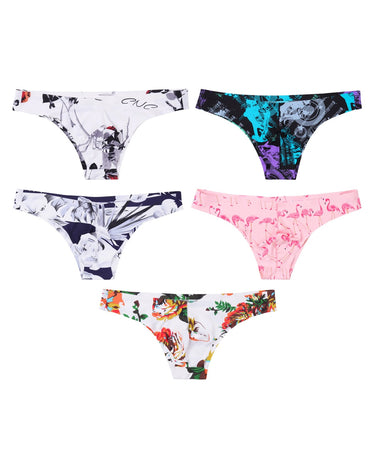 Herren Slips in Seidenoptik, nahtlos, niedrige Taille – Packung mit 5 Stück, 1x Vögel + 1x Musik + 1x Blumen + 1x Flamingos + 1x Frühling