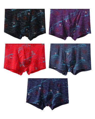 Herren Boxershorts aus Bambus mit Print, elastisch – Packung mit 5 Stück, 1x schwarz + 1x lila + 1x rot + 1x grau + 1x marineblau