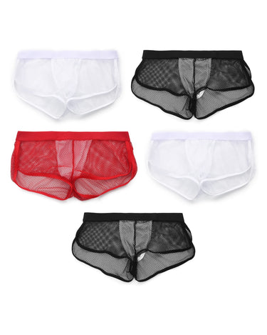 Men's Sheer Mesh Pouch Boxer Briefs – pack of 5 pieces, 2x white + 2x black + 1x red
