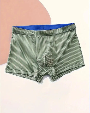 Men's Pinstripe Stretch Polyamide Boxer Briefs – sage green pinstripe boxer with blue waistband