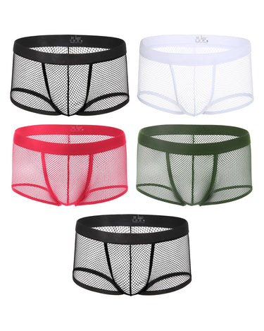 Gjennomsiktige lavtsittende boxershorts for menn i mesh – pakke med 5 stk., 2x svart + 1x hvit + 1x rød + 1x militærgrønn