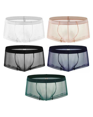 Men's Sheer Silky Microfibre Boxer Briefs – pack of 5 pieces, 1x white + 1x nude + 1x black + 1x navy blue + 1x dark green