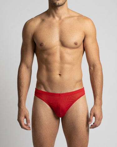 Men's Red Nylon Briefs – worn, front view